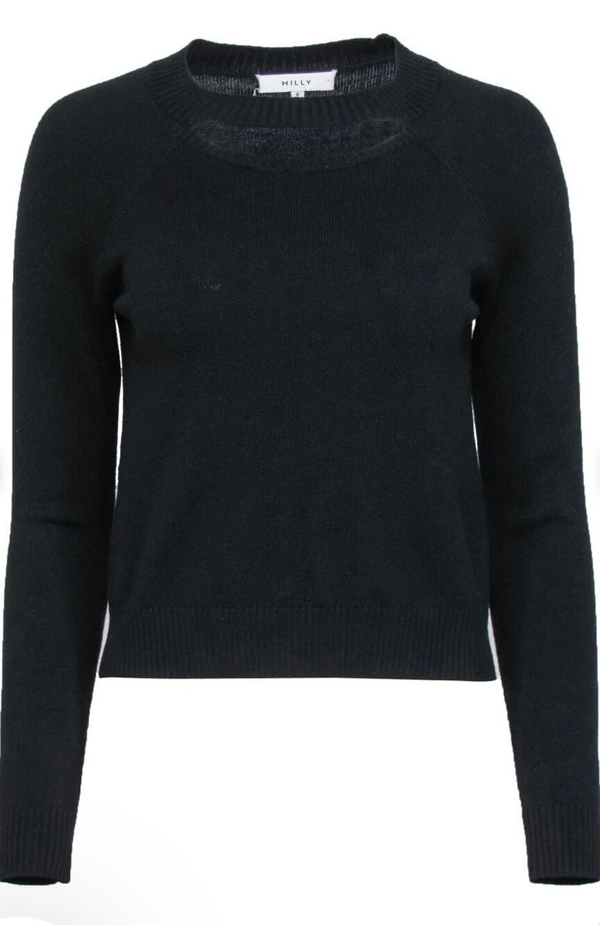 Milly Designer White Label Black Wool Scoop Neck Sweater Size Large